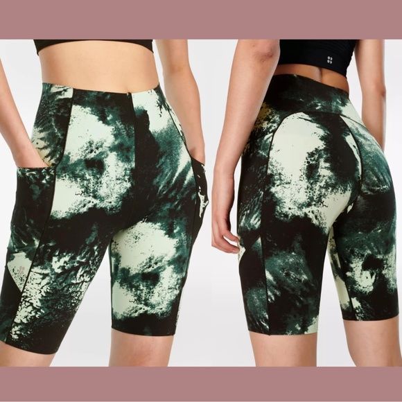 NWT $78 Sweaty Betty [ Small 6 ] Power High Waist‎ Pocket Bike Shorts Green - Picture 1 of 12